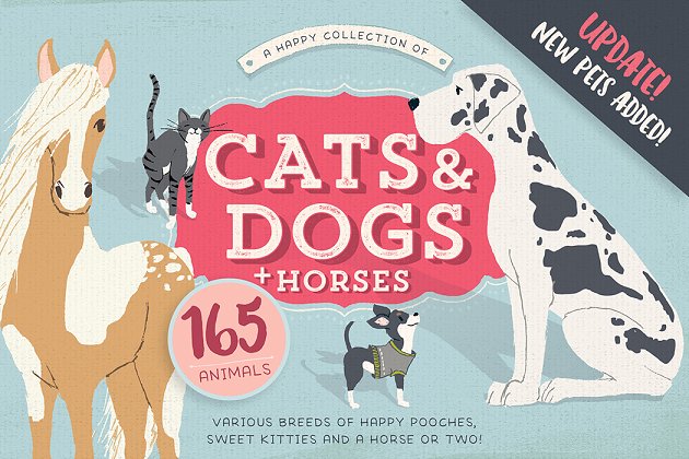 165种手绘动物素材 Cats, Dog breeds & Horses: 165 pets插图