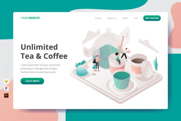 咖啡&amp;饮茶文化主题插画网站着陆页设计素材库精选模板 Unlimited Tea &amp; Coffee – Landing Page