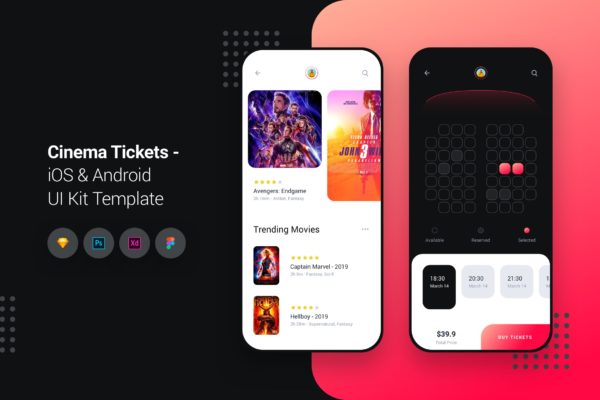 电影订票网上选座APP应用UI设计套件 Cinema Movie Tickets iOS &amp; Android UI Kit Template