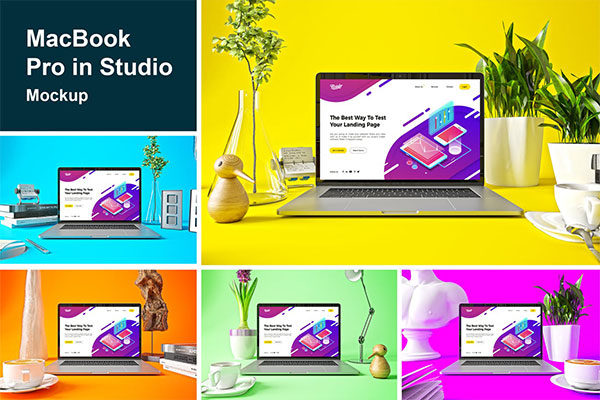 时尚高端渐变绚丽色彩的MacBook Pro UI样机展示模型mockups