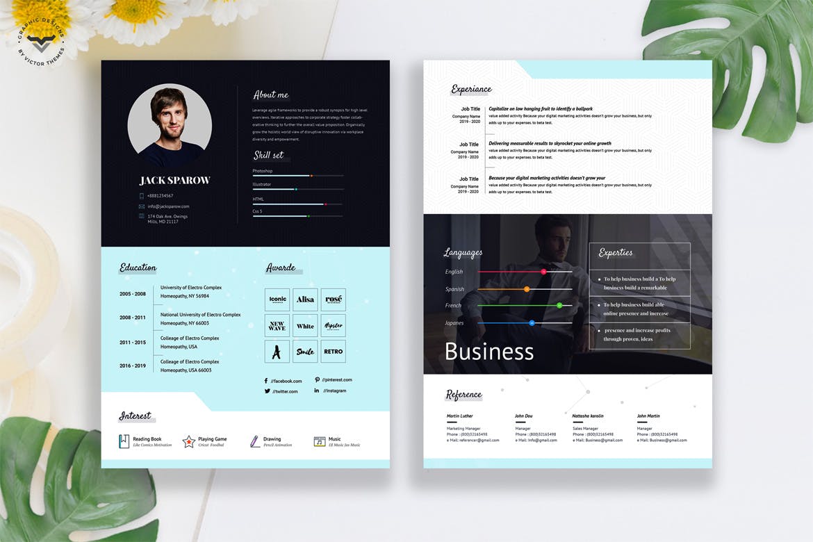 两页式创意设计师CV素材库精选简历模板 Creative Business CV Template插图(1)