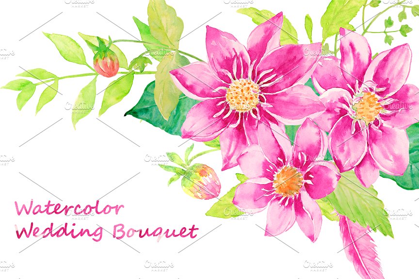 婚礼请柬、结婚贺卡水彩大丽菊花束剪贴画  Watercolor Wedding Dahlia Bouquet插图