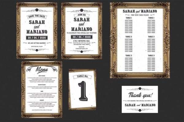 复古铜色边框婚礼邀请函模板 Frame Wedding Invitation Set