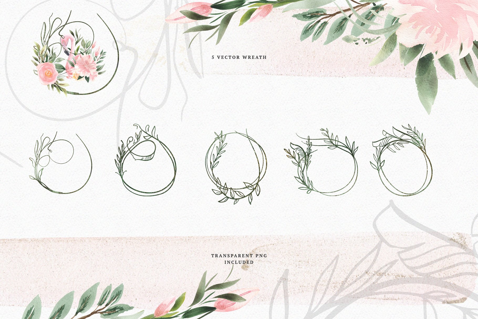 火烈鸟与鲜花矢量水彩插画 Watercolor Flamingo & Flowers插图(9)