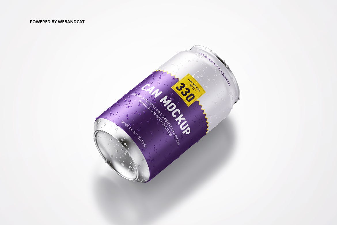 330ml容量规格易拉罐外观设计样机模板 330ml Can Mockup with Water Droplets插图(6)