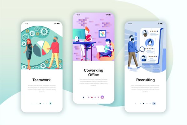 团队协作主题主题矢量插画APP引导页启动页设计模板 Instagram Stories Onboarding Screens Mobile App