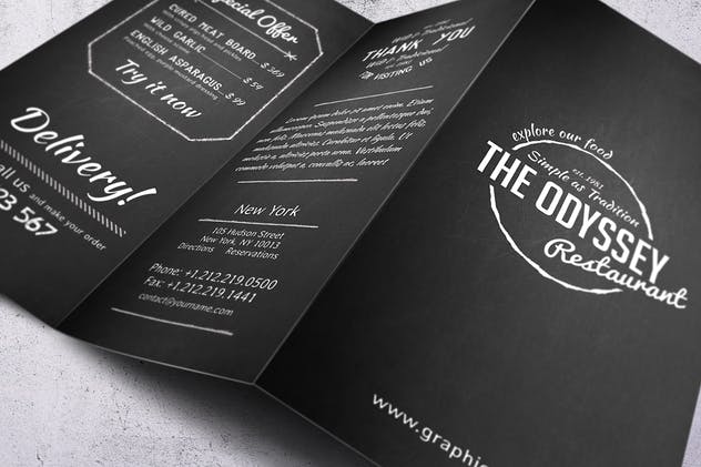 黑色复古排版餐厅菜单PSD模板 Odyssey A4 Trifold Menu插图(4)