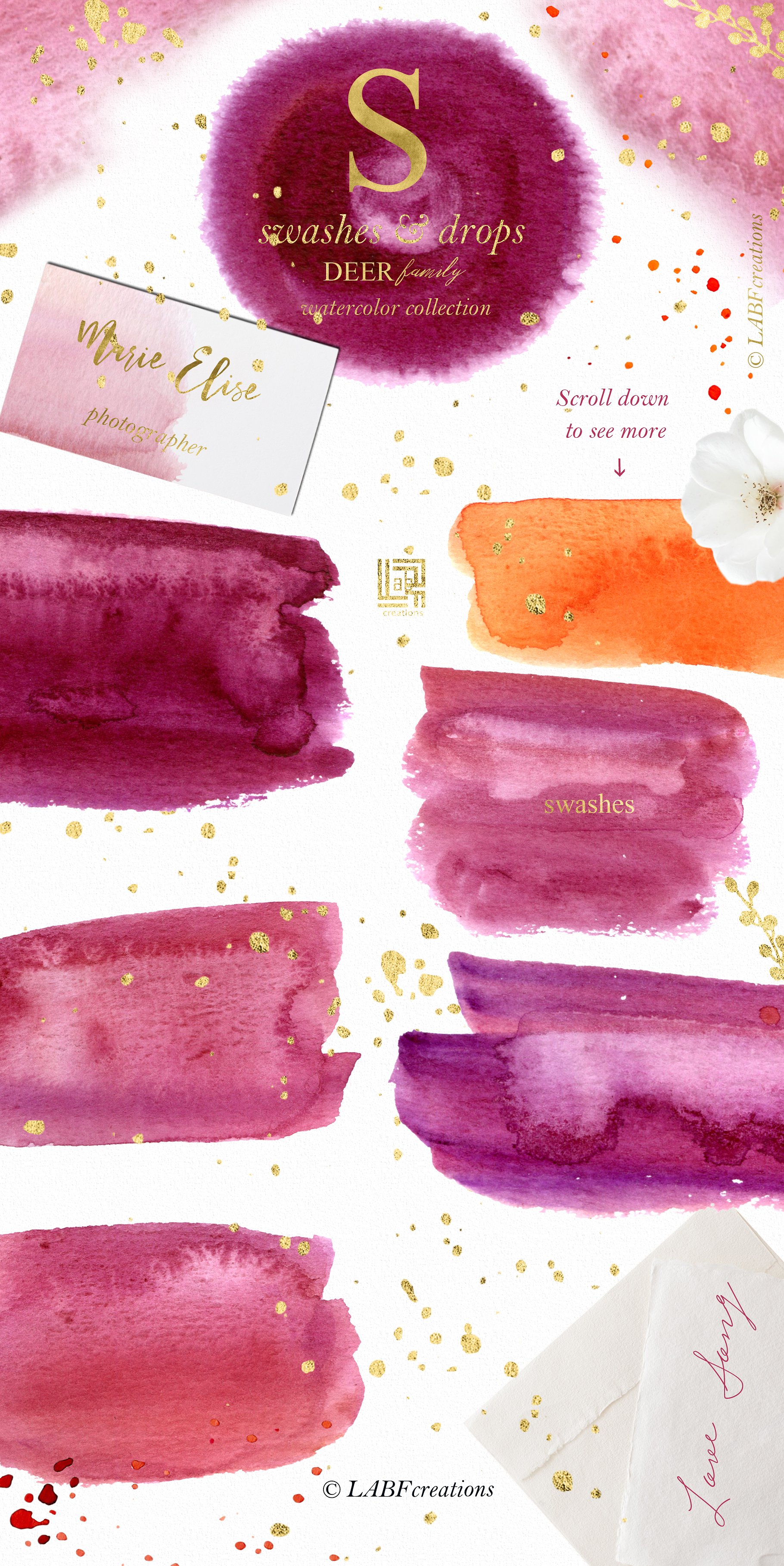 鹿家族/香辣红/橙金水彩手绘剪贴画 Deer family. Spicy red, orange gold插图(10)