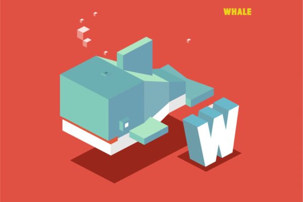 “W”鲸鱼动物词汇字母2.5D矢量插画素材 W for whale. Animal Alphabet