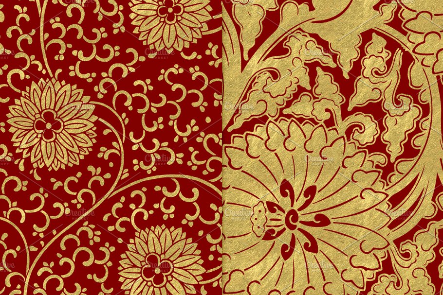12种金箔花卉图案背景 Maroon and Gold Floral Papers插图(2)
