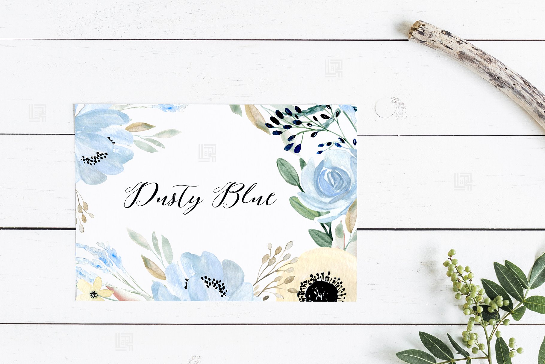 灰蓝色&金色水彩花卉图案 Dusty blue gold. Watercolor floral插图(9)