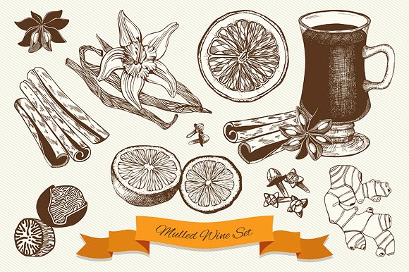 老式水墨手绘热葡萄酒矢量插图 Vintage Mulled Wine Collection插图