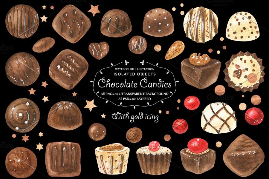 巧克力糖果甜品主题水彩插画插图(2)