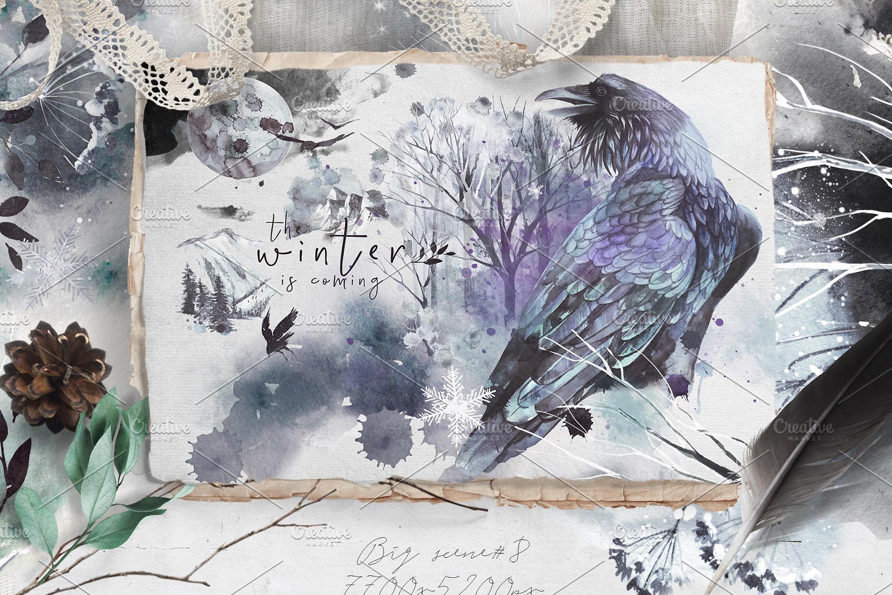 乌鸦、鸟、冬季风景、场景、水彩造型&字体 [2.81GB, 格式PNG, PSD,JPG &HTML] Ravens & birds vol.1插图(4)