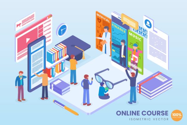 在线课程教育主题等距矢量素材库精选科技概念插画 Isometric Online Course Education Vector Concept