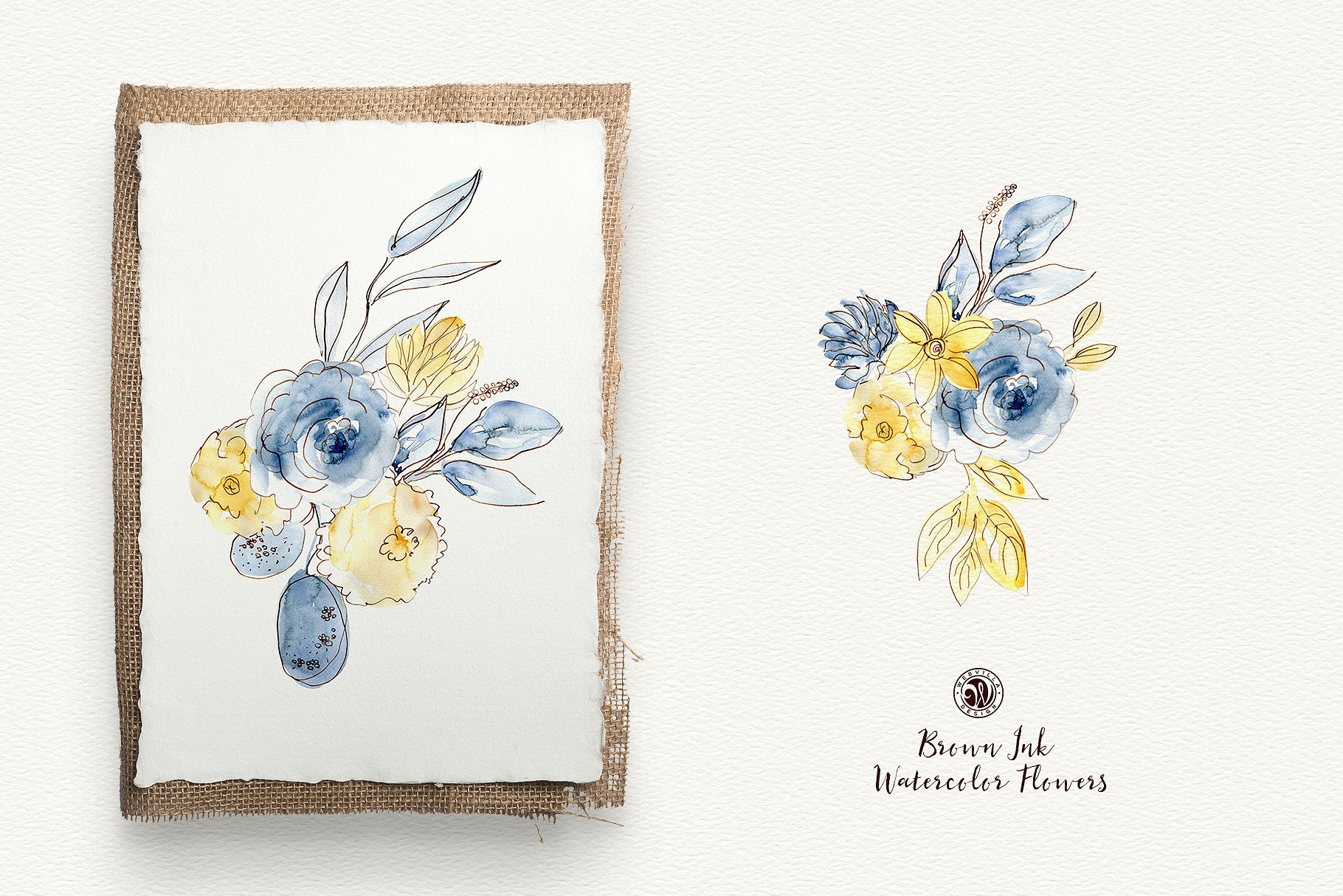 棕色油墨手绘水彩花卉元素 Brown Ink Watercolor Flowers插图(4)