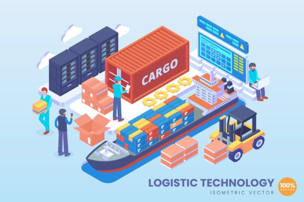 智能物流技术等距矢量科技素材库精选概念插画v2 Isometric Logistic Technology Vector Concept