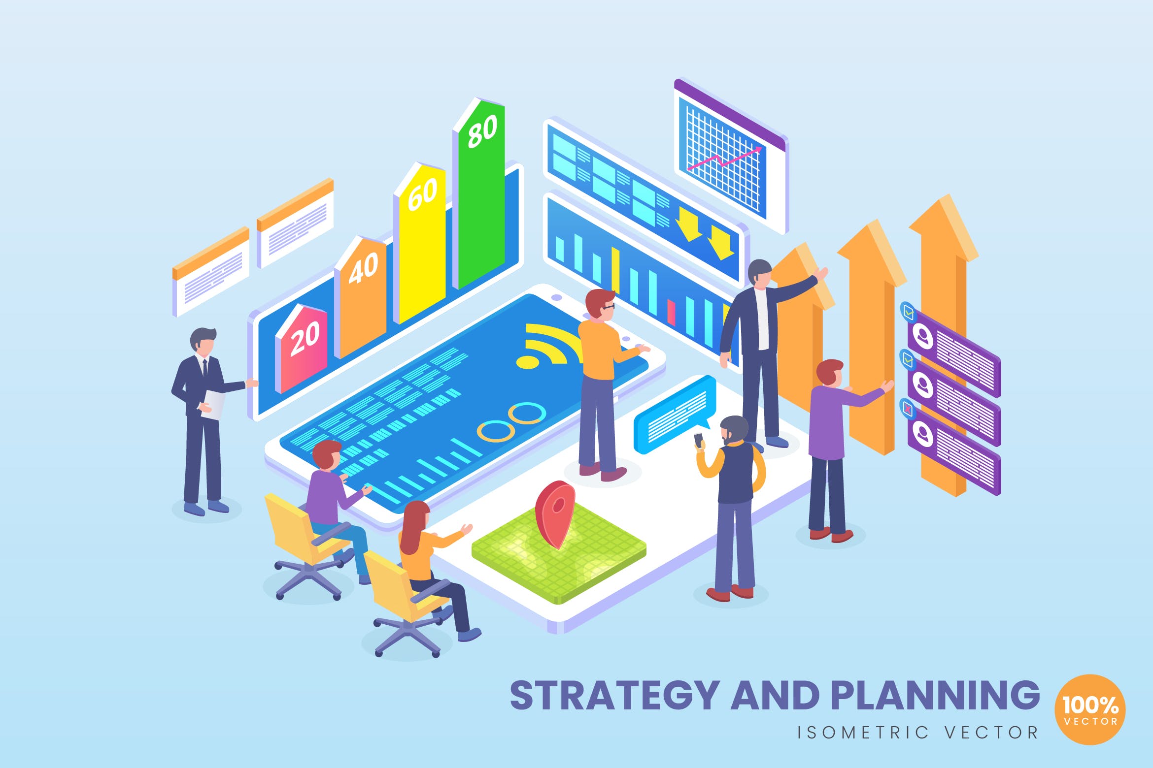 商业战略与规划场景2.5D矢量等距概念插画 Isometric Strategy & Planning Vector Concept插图
