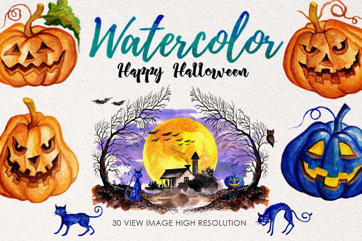 万圣节主题水彩元素插画 Watercolor Happy Halloween插图