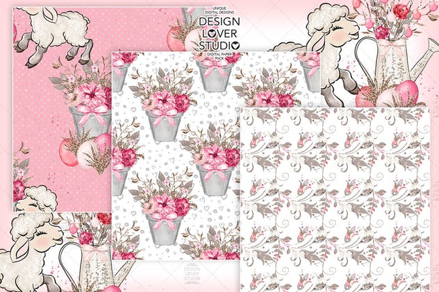 粉红系复活节礼品包装纸张图案纹理套装 Happy Easter Lamb digital paper pack插图(4)