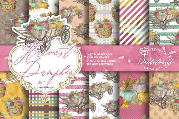 农场秋天丰收季节手绘图案数码纸张图片背景素材 Harvest Pumpkin digital paper pack