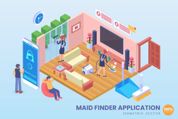 女佣家政服务APP等距矢量素材库精选科技概念插画 Isometric Maid Finder Application Vector Concept