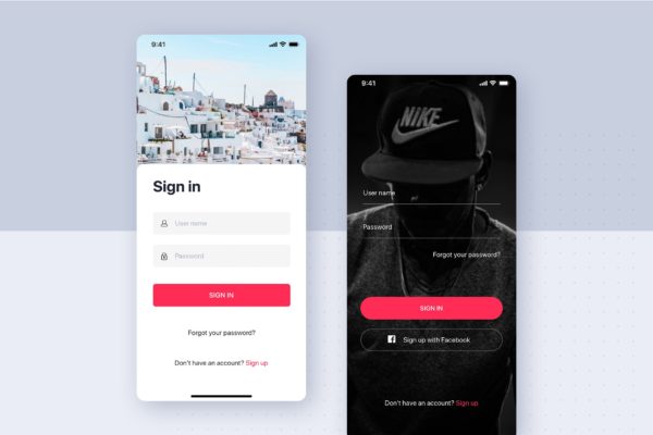 APP应用用户登录界面设计素材库精选模板[两种设计版本] Two Sign In concept for mobile app