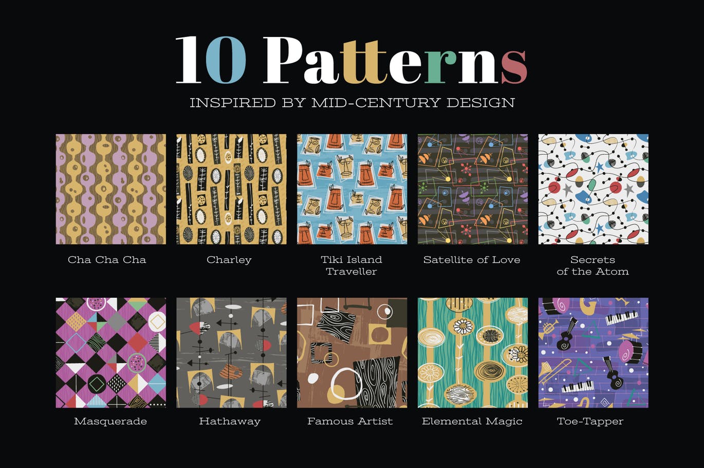20世纪中叶复古时尚无缝图案纹理素材包 Mid-Century Illustrated Patterns插图(1)
