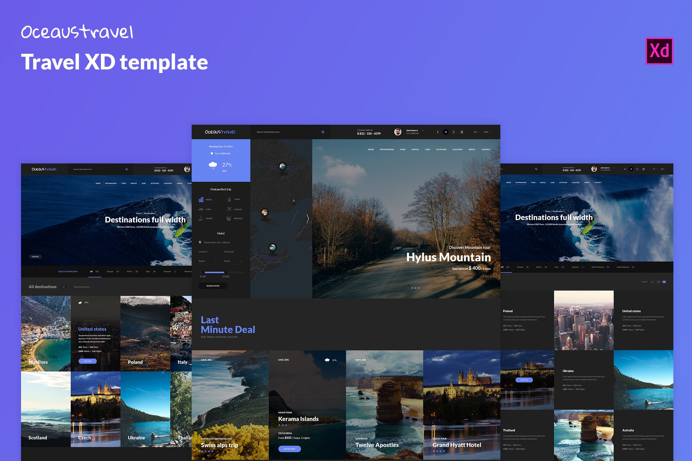 旅游门户网站界面设计XD模板 OCEAUS DARK -Travel Booking XD Template插图