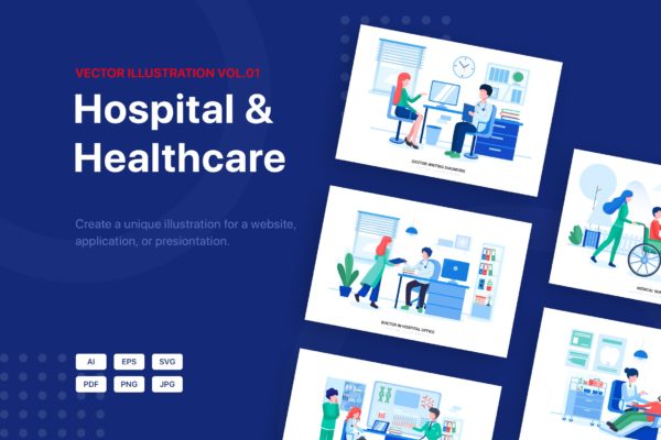 医院&amp;医疗场景矢量插画素材包v1 Hospital &amp; Healthcare Vector Scenes (Vol 01)