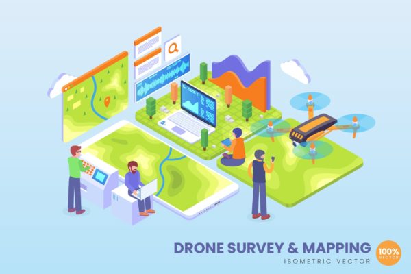 无人机测绘技术等距矢量科技素材库精选概念插画 Isometric Drone Survey and Mapping Vector Concept