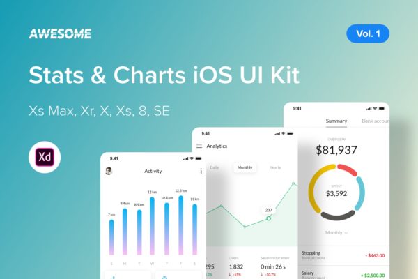 iOS平台APP应用统计和图表界面设计UI套件v1[XD] Awesome iOS UI Kit – Stats &amp; Charts Vol. 1 (XD)