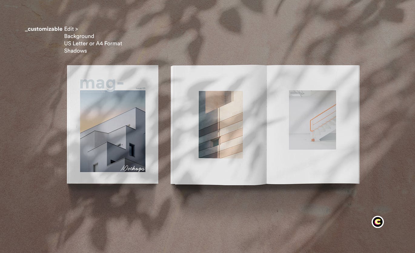 植物阴影墙背景杂志排版设计预览样机素材库精选模板 Shadow Magazine Mockups插图(1)