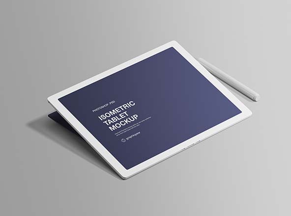 平板电脑屏幕界面演示样机模板 Isometric Tablet Mockup