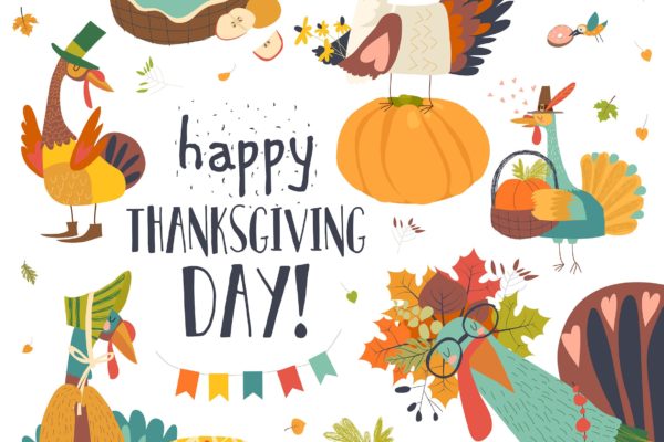 感恩节主题设计矢量手绘设计素材 Funny turkeys with Thanksgiving theme on white bac