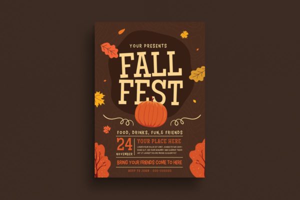 南瓜枫叶秋天主题活动海报传单模板 Fall Festival Flyer