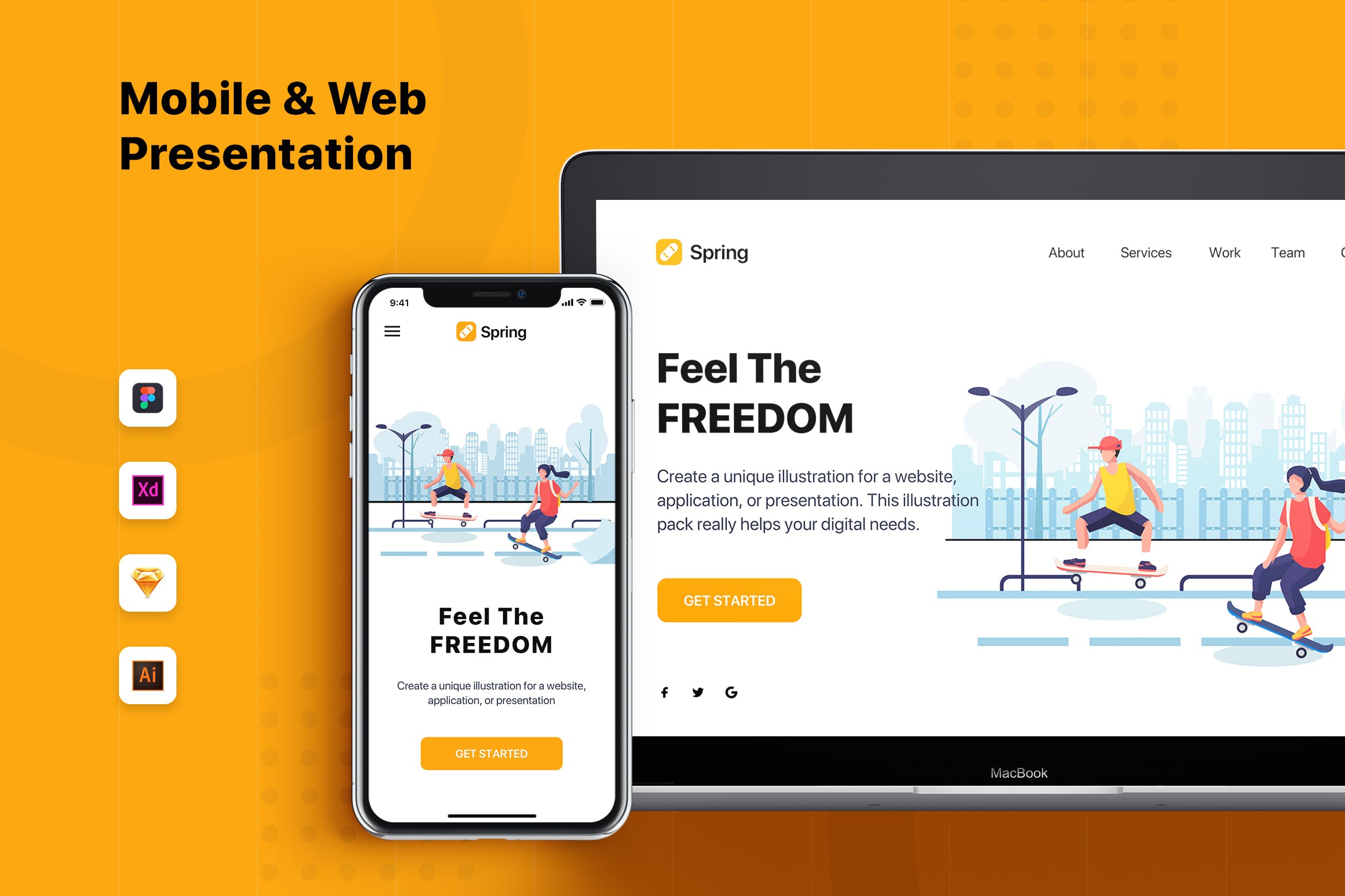 滑板运动主题网站Banner&着陆页设计插画素材 Spring – Banner & Landing Page插图