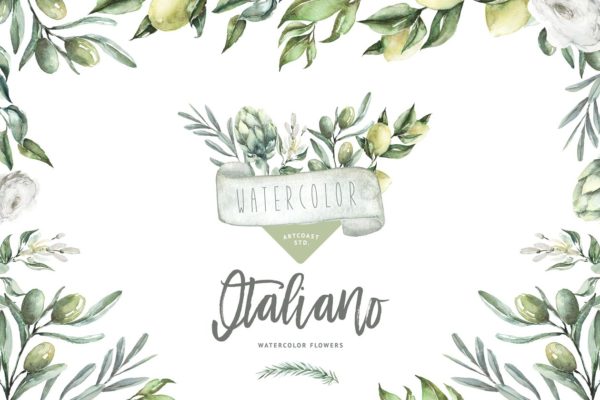 意大利花园花卉水彩剪贴画 Watercolor Italian Garden