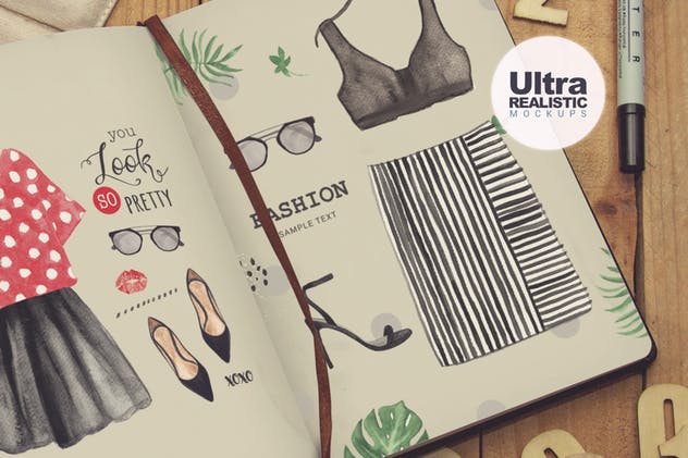 日记本笔记本素描作品预览样机素材库精选模板v2 Journal Diary Notebook Sketch插图(2)