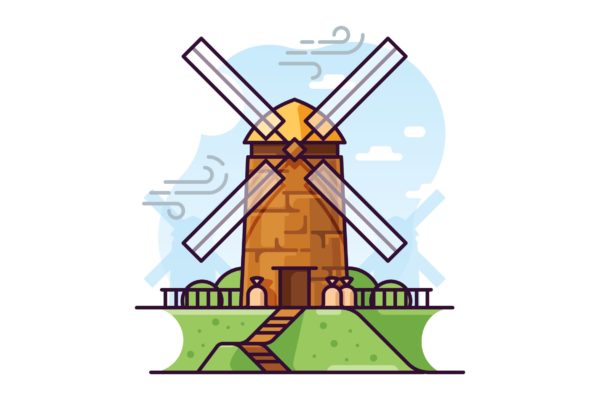风车磨坊手绘矢量插画素材库精选素材 Windmill illustration