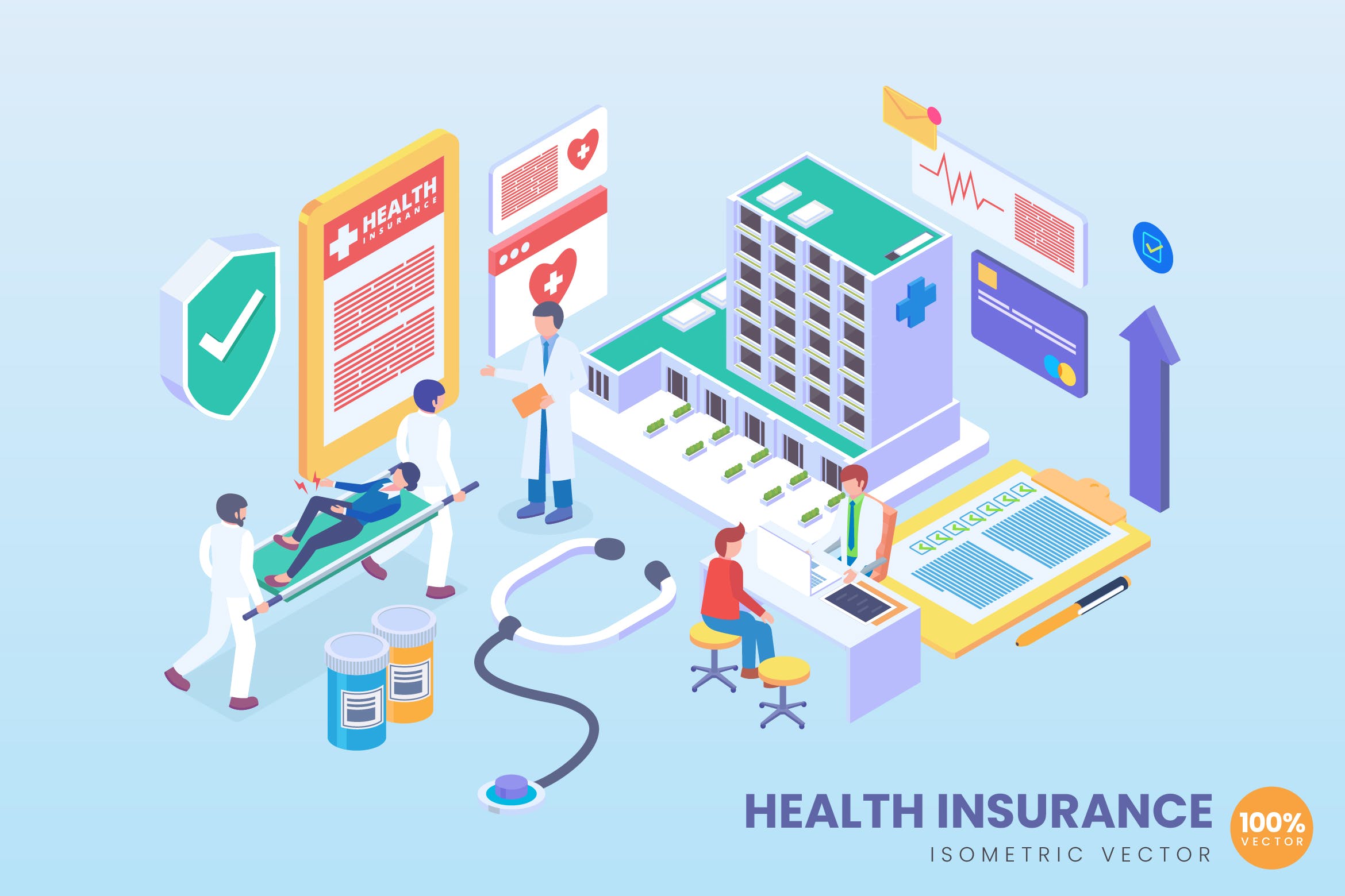 健康人寿保险服务场景2.5D等距概念矢量插画 Isometric Health Insurance Vector Concept插图