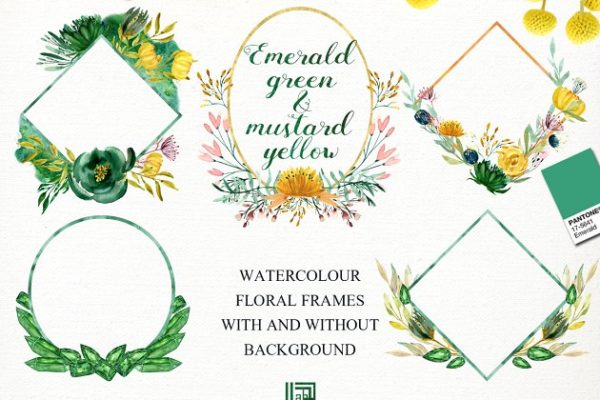 绿黄水彩花卉花环剪贴画 Green and yellow watercolor floral