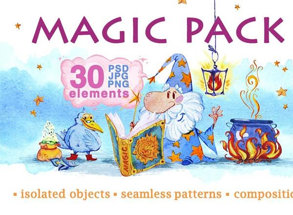 可爱的魔术水彩元素剪贴画素材PSD