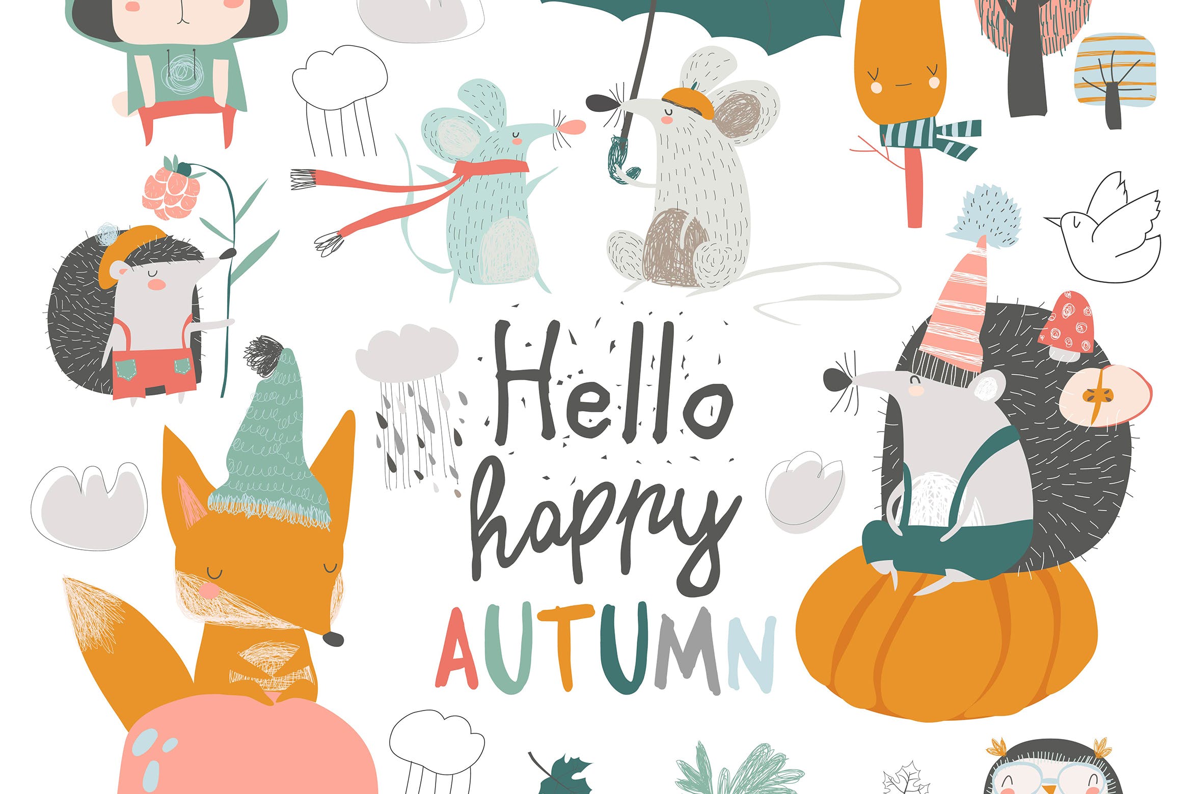 卡通风格可爱森林动物手绘图形设计素材 Fall set with cute forest animals in cartoon style插图