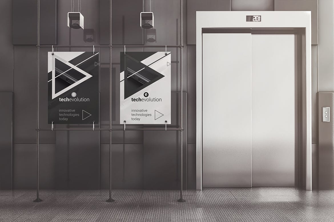 办公室大厅广告牌木架海报张贴效果图样机模板 Office Hall Advertising Mockup插图(2)