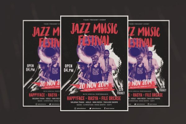爵士音乐节海报传单设计模板 Jazz Music Flyer