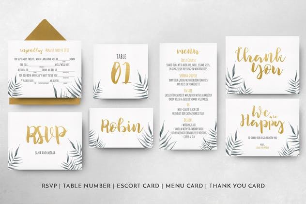 水彩叶子婚礼请柬套装模板 Watercolor Foliage Wedding Invitation插图(7)