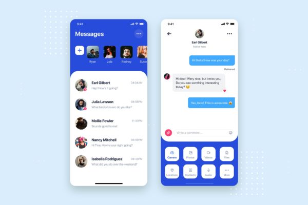 消息聊天APP应用好友列表&amp;聊天窗口界面设计素材库精选模板 Messages Chatting Mobile App UI Kit Template