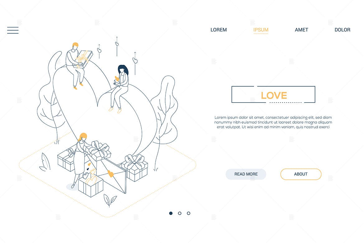 情人节-线条艺术等距网页横幅Banner设计模板 Valentines Day – linear isometric web banner插图