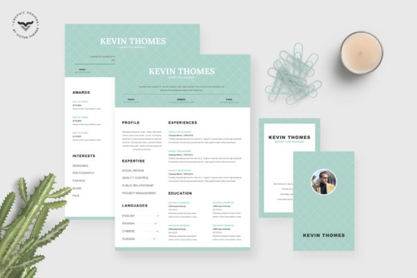简约设计风格市场营销经理介绍信&amp;简历&amp;名片设计模板 Marketing CV Template